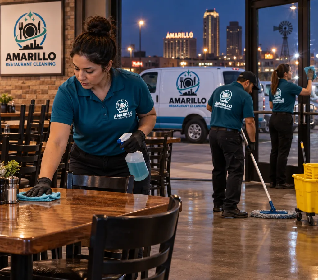 After-hours cleaning technician detailing restaurant tables, chairs, entry glass, and floors in Amarillo