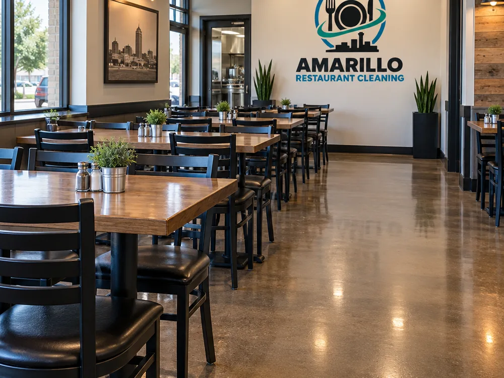 Restaurant dining room after cleaning with aligned tables and chairs, clean baseboards, and uniform floor sheen