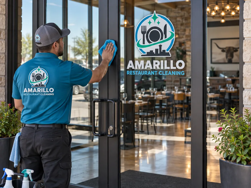 Clean restaurant entry door glass and sidelights without streaks or guest-level fingerprints