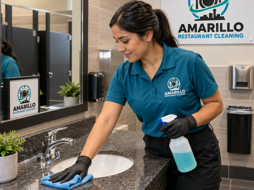 Clean restaurant restroom in Amarillo with polished mirror, disinfected sink and counter, and dry streak-free fixtures