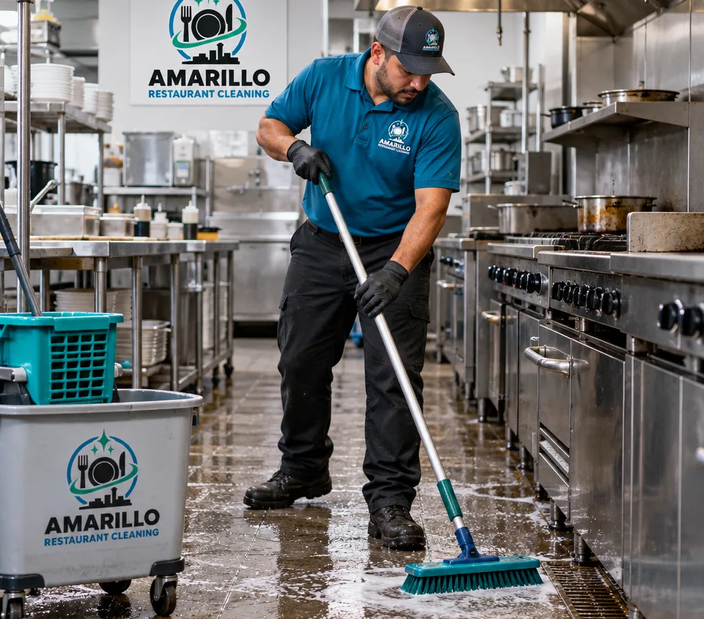 Professional cleaner mopping and degreasing a restaurant kitchen floor near a cook line