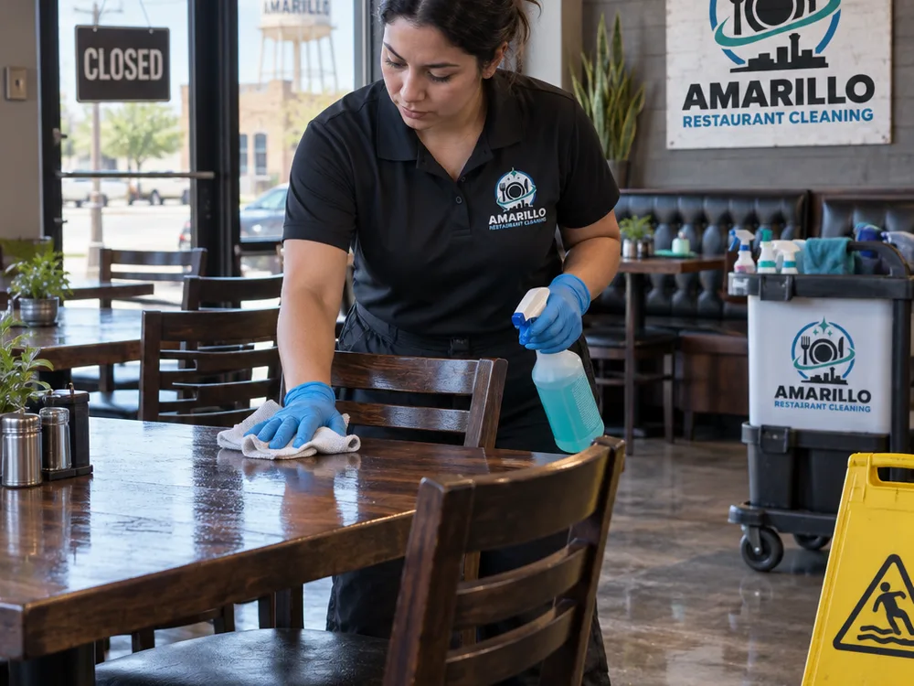 Cleaner sanitizing restaurant dining tables and chair backs before opening