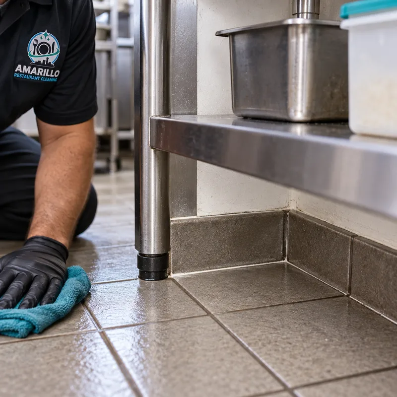 Cleaned floor edge and corner behind a commercial prep table with reduced grease film