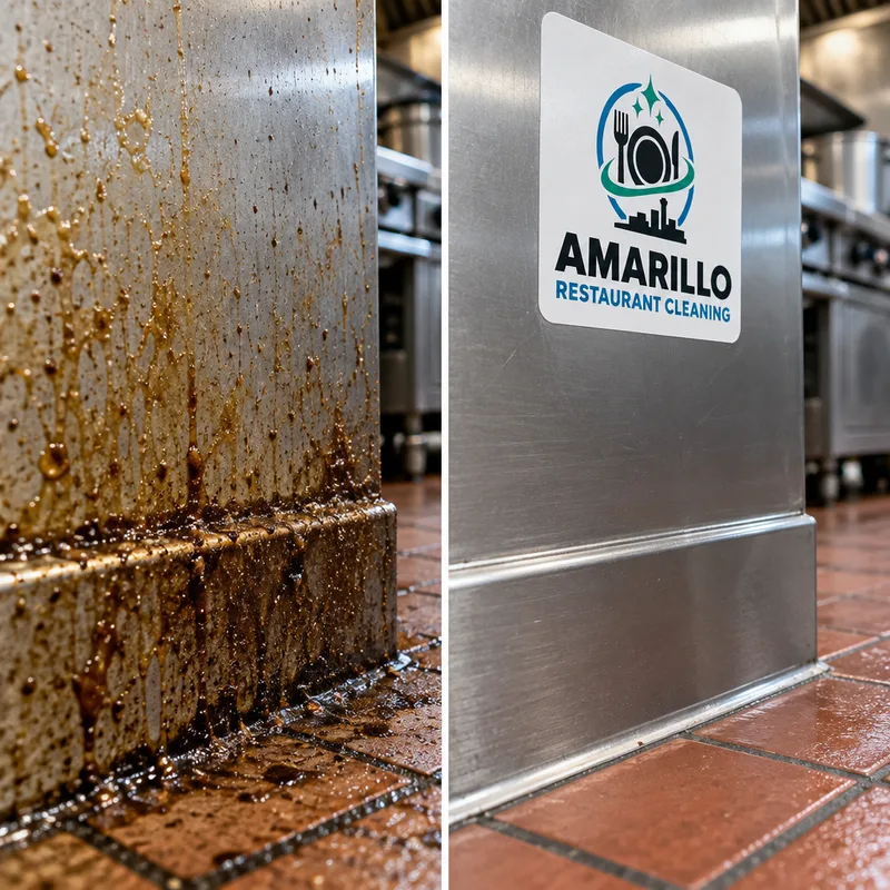 Comparison showing grease buildup and a cleaned baseboard and wall edge near a commercial cook line