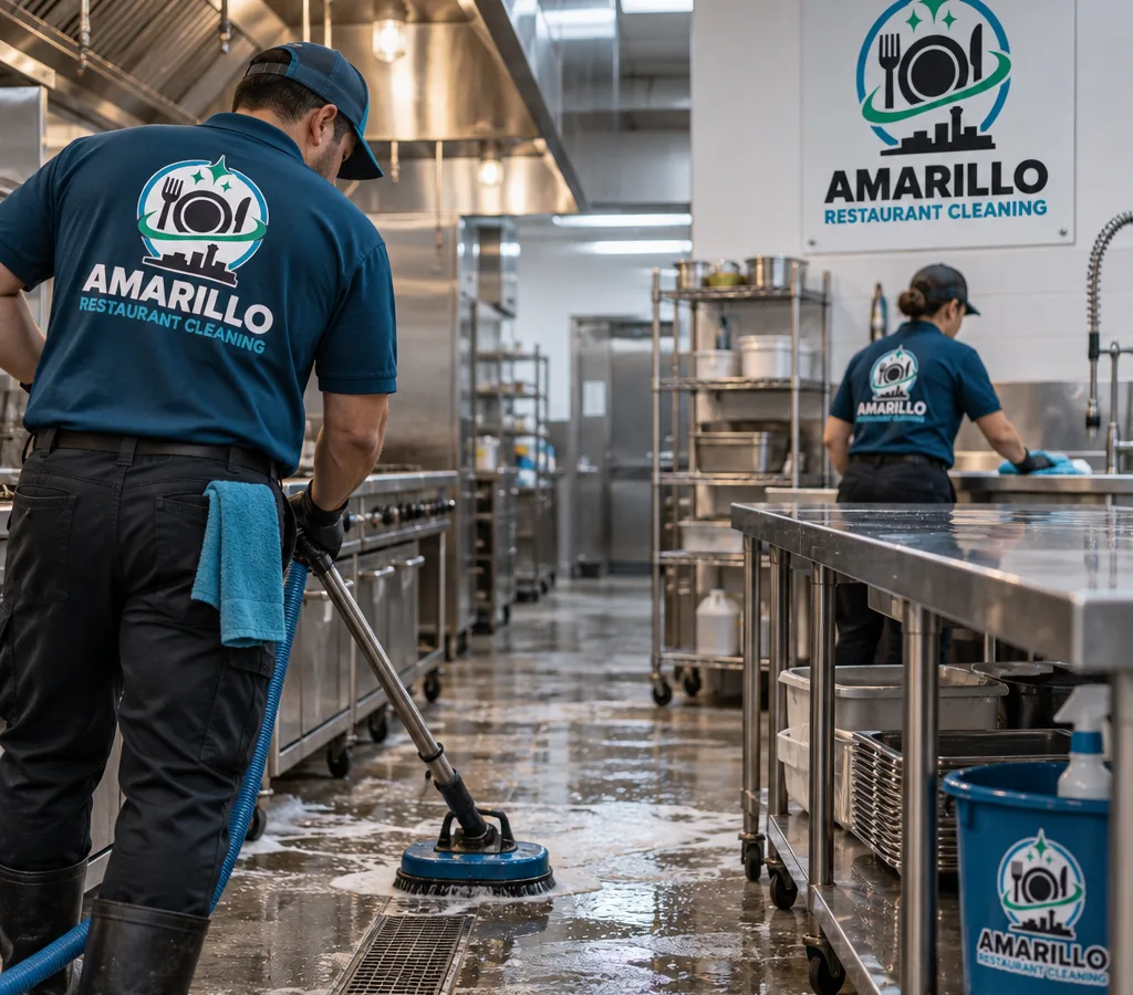 Commercial restaurant kitchen with stainless prep tables, hood line, and floor drains staged for professional cleaning
