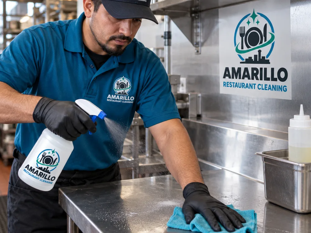 Technician cleaning a stainless prep table and backsplash with kitchen-appropriate degreaser, microfiber cloths, labeled bottles, and PPE