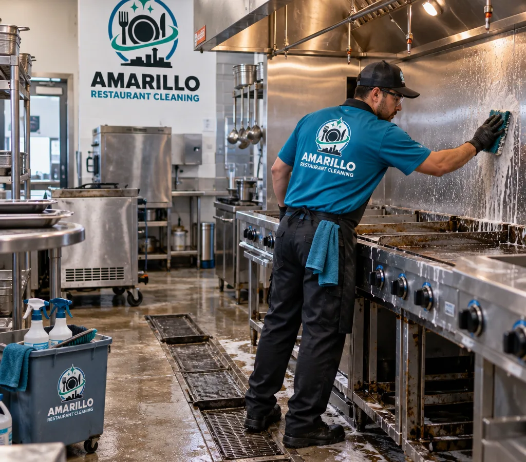 Professional cleaner degreasing a stainless cook line and backsplash in a working restaurant kitchen