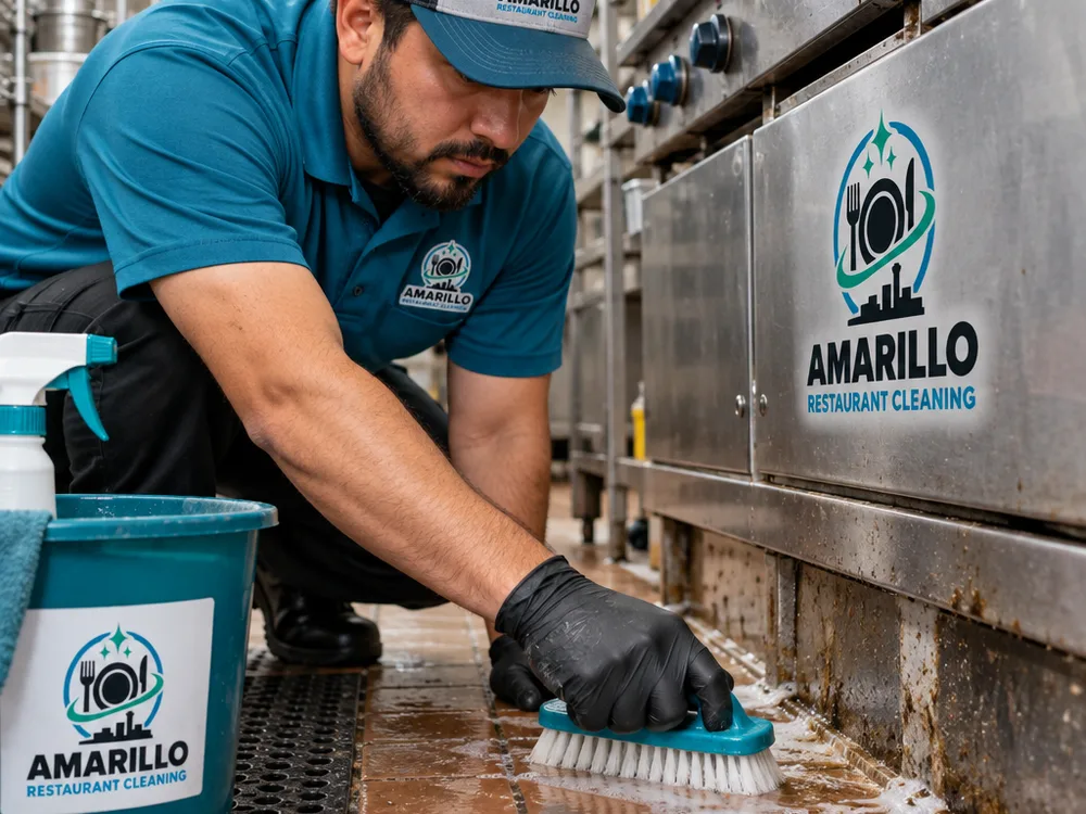 Cleaner hand-scrubbing greasy grout and the floor edge under a commercial cook line