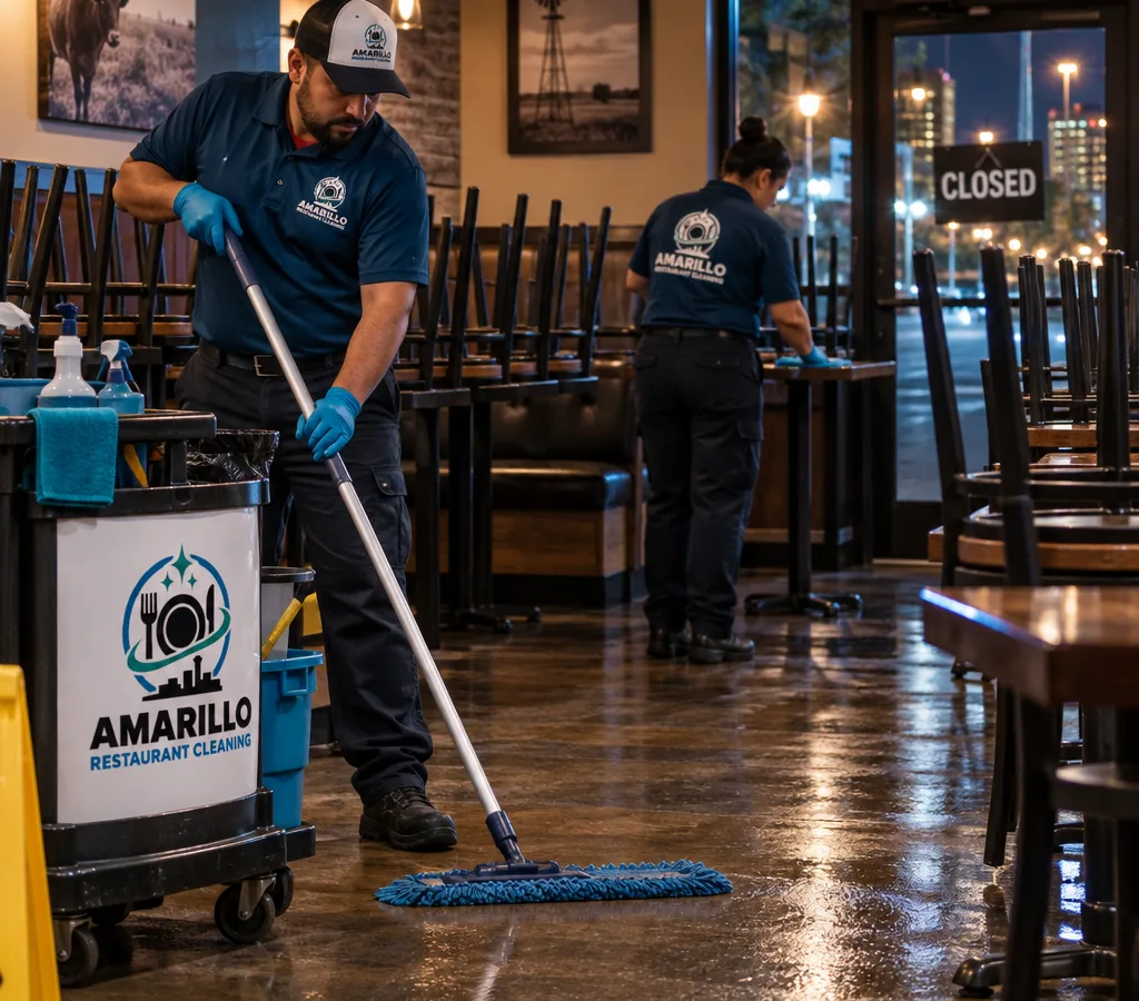 Night cleaning crew mopping a restaurant dining room with chairs raised and a cleaning cart ready for overnight work