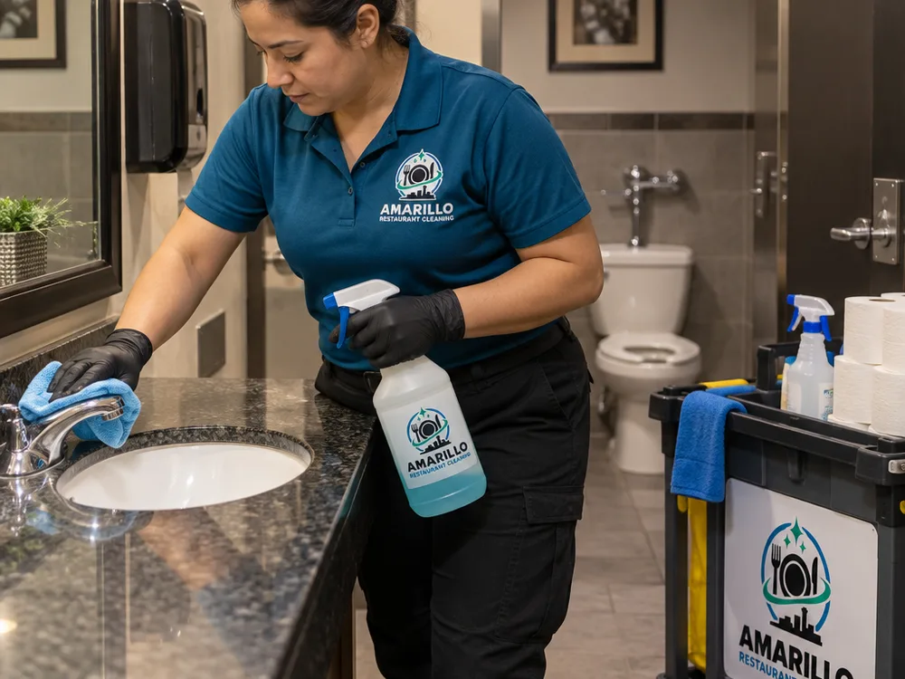 Janitorial technician restocking supplies and disinfecting high-touch fixtures in a restaurant restroom at night