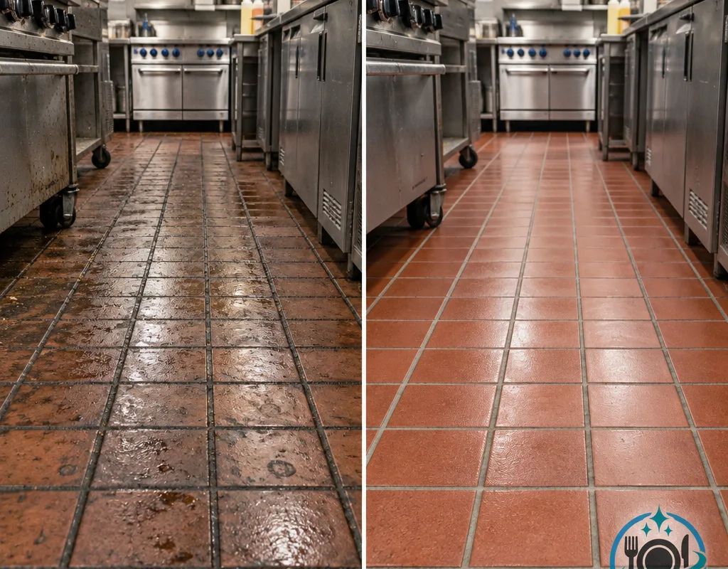 Before and after view of quarry tile near a commercial cook line showing cleaner traffic lanes and brighter grout
