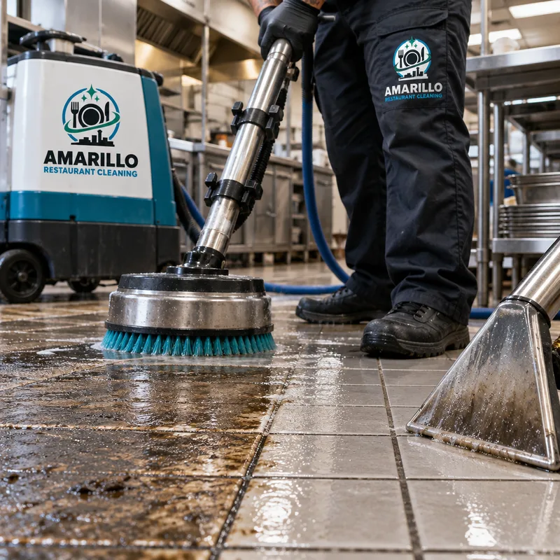 Commercial kitchen tile and grout shown half-cleaned while a brush agitates buildup and an extraction wand recovers dirty solution