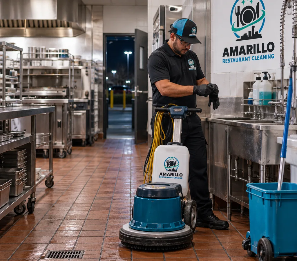 Technician preparing floor-cleaning equipment beside clean quarry tile and visible grout lines in an after-hours commercial kitchen