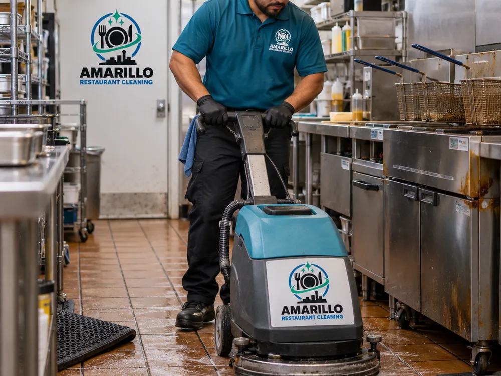 Technician using a low-profile scrubber on commercial kitchen tile around fryer and prep zones with floor mats pulled back