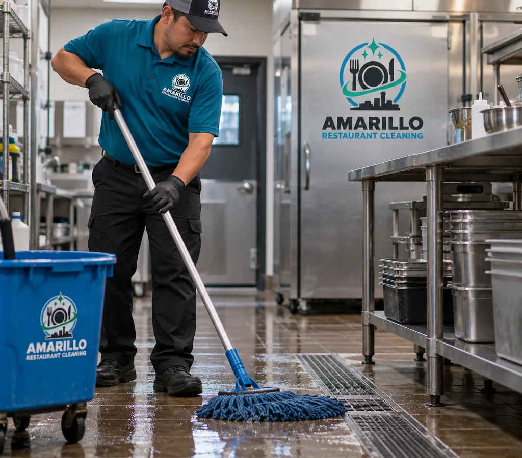 Cleaner mopping a commercial restaurant kitchen floor after hours in Canyon, with stainless prep tables and floor drains visible
