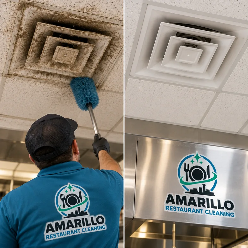 Clean ceiling diffuser exterior and surrounding ceiling after greasy film and dust buildup were removed