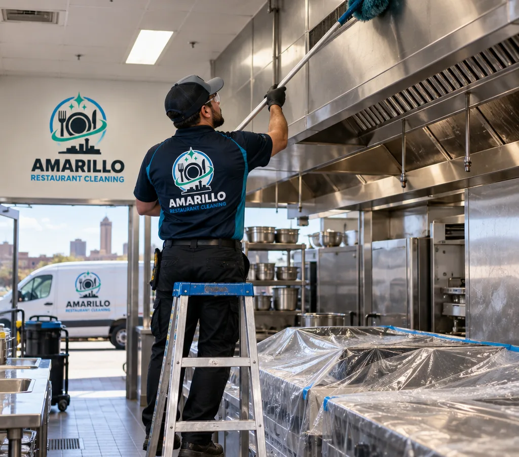 Technician high dusting ceiling surfaces and overhead vent exteriors in a protected commercial kitchen