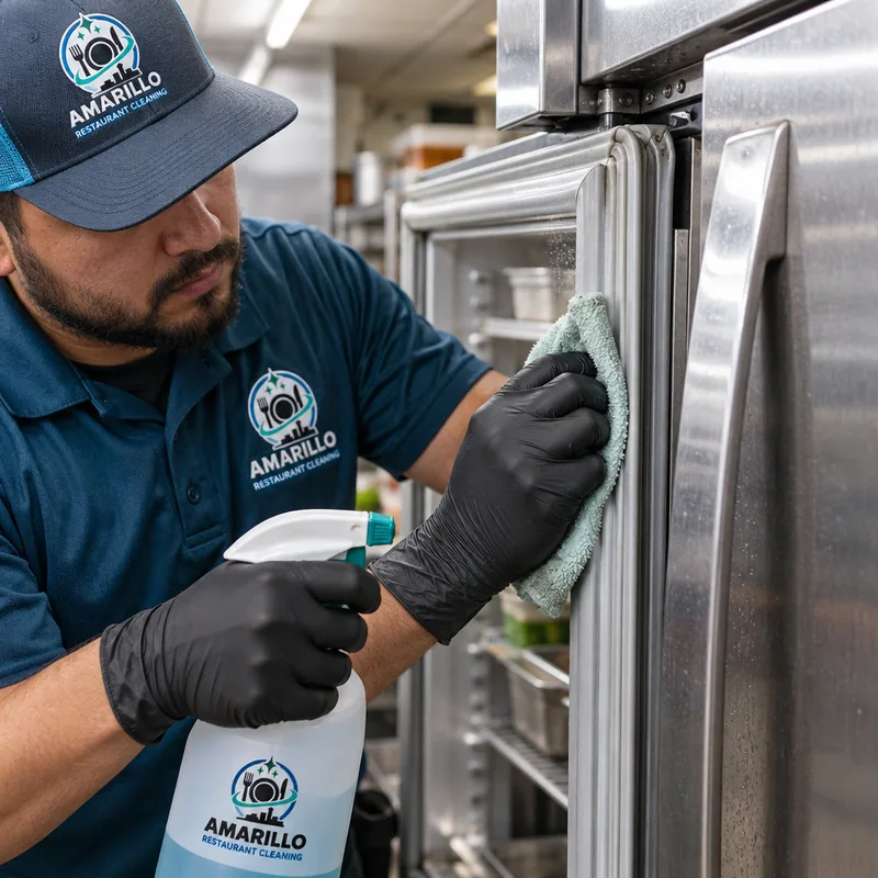 Technician cleaning refrigerator door gaskets, hinges, and handle areas with sanitizer in a commercial kitchen