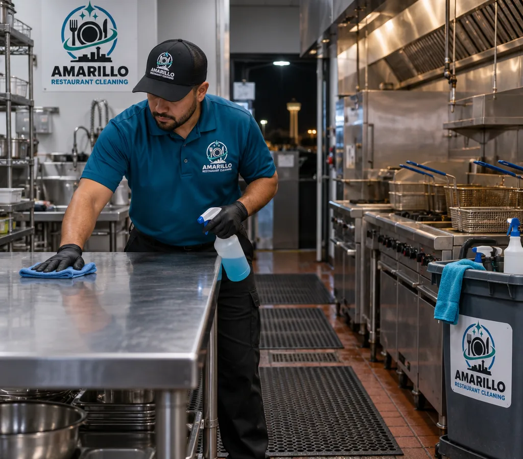 Technician cleaning stainless prep tables after hours beside fryers and a commercial hood line in a Dumas restaurant kitchen