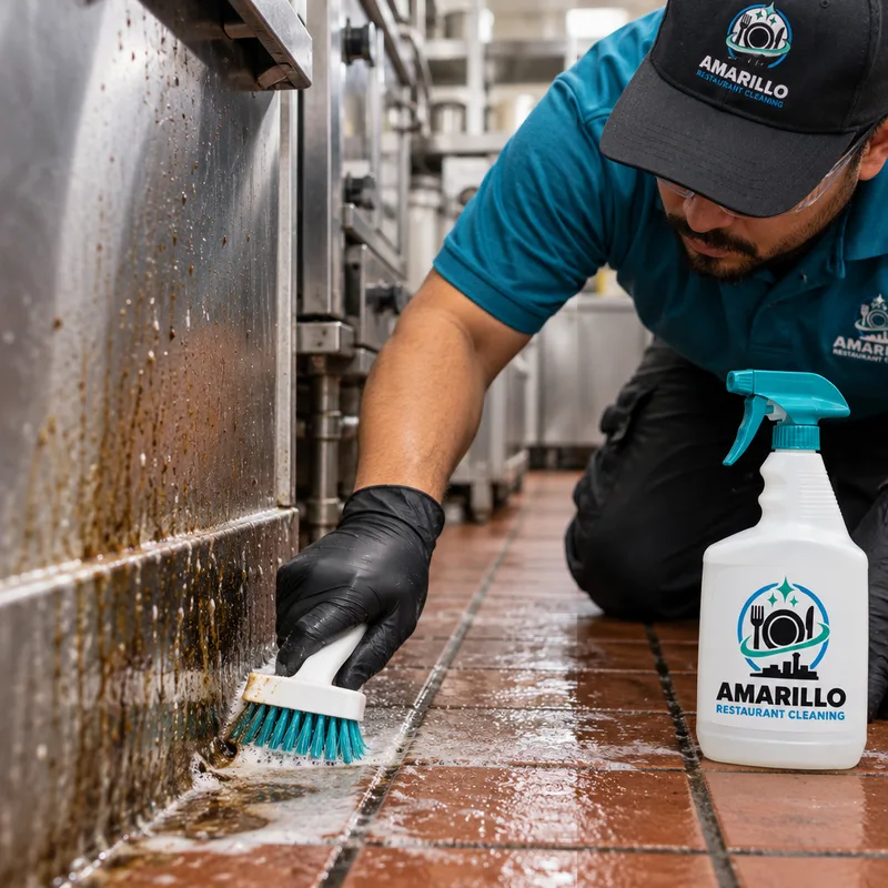Cleaner scrubbing grout and the floor-wall edge behind a commercial kitchen line