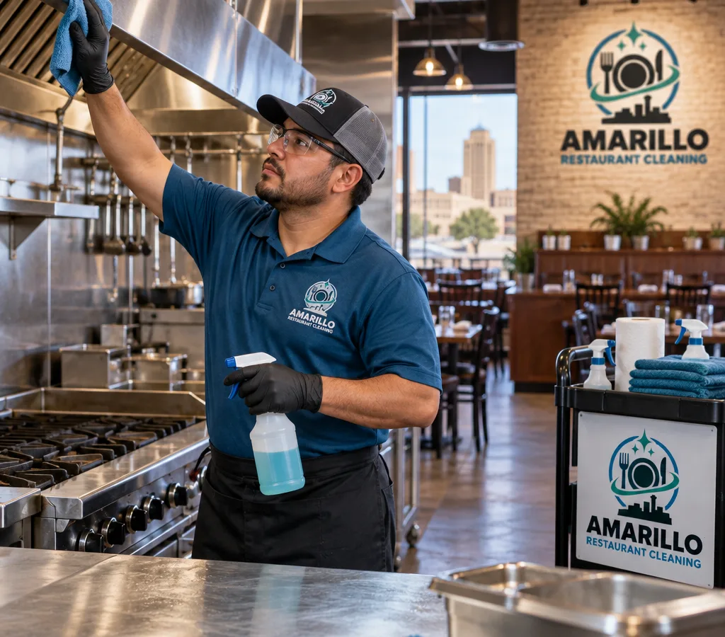 Professional cleaner sanitizing stainless prep tables and a range hood edge in a working restaurant kitchen