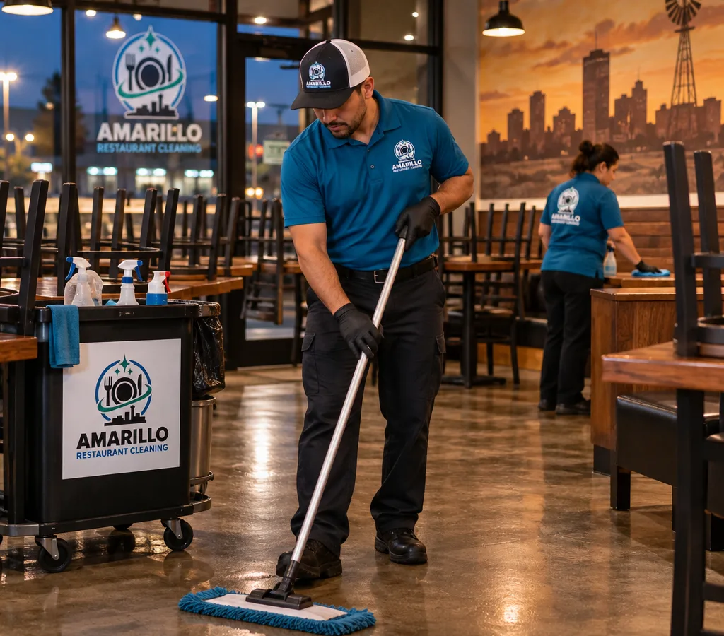 After-hours commercial restaurant cleaning in a Pampa dining area with chairs raised and a crew member detailing floors and high-touch surfaces