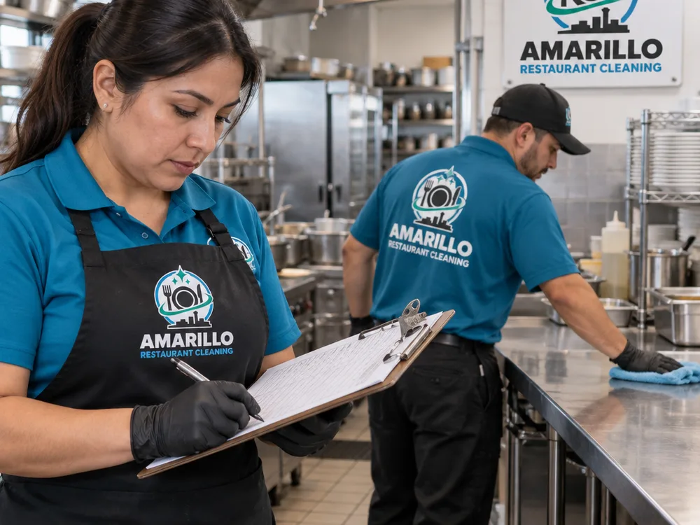 Cleaner reviewing a written checklist in a commercial kitchen while another crew member wipes stainless prep-line surfaces