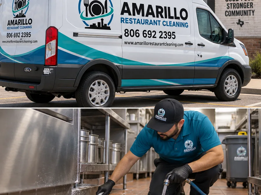 Crew member using a ladder and dust-capture tools to clean beams above protected restaurant prep tables