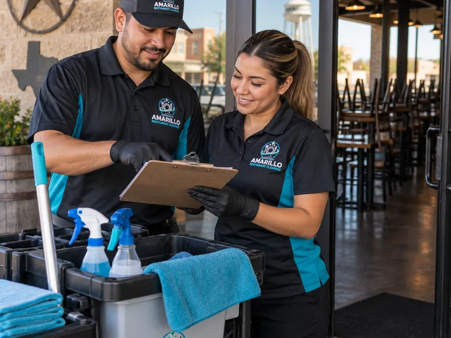 Uniformed restaurant cleaners reviewing a checklist before starting their shift
