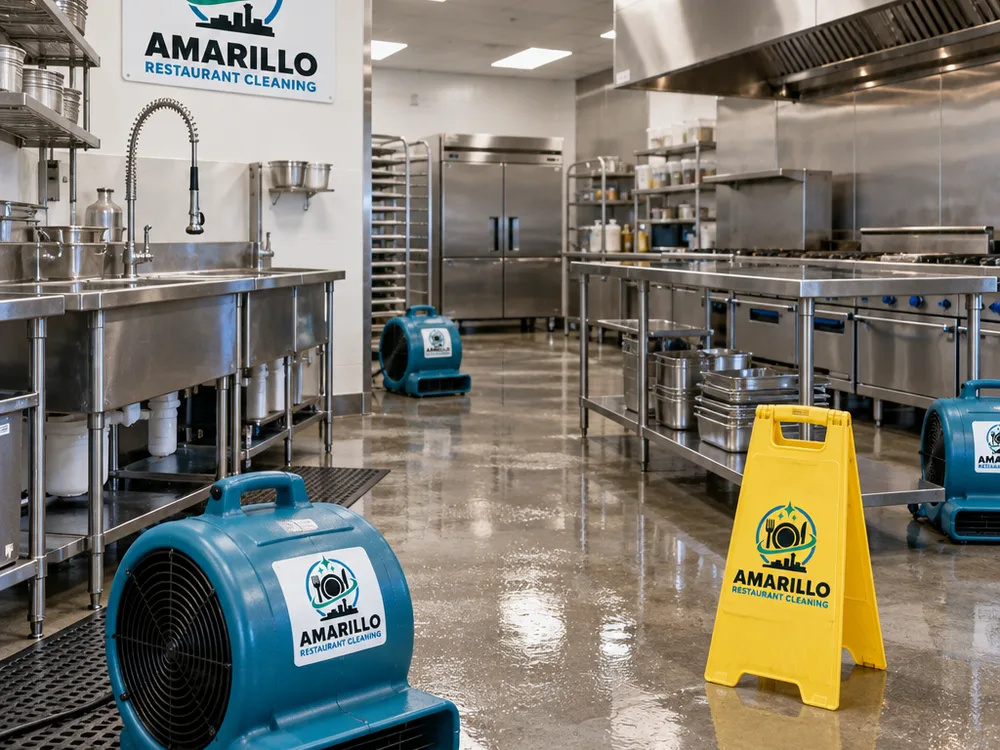 Empty commercial kitchen drying after cleaning with wet-floor signage and cleaned stainless equipment exteriors